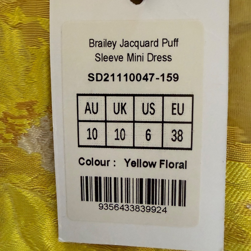 Showpo Brailey Jacquard Puff Sleeve Mini Dress Yellow Floral 6 NWT Babydoll - Picture 11 of 12